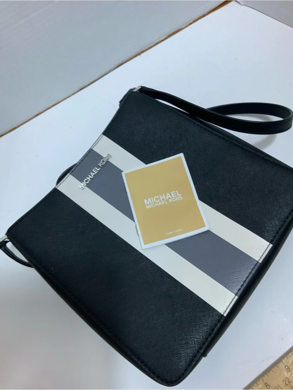 Michael Kors Women Black Saffiano Leather Center Stripe Crossbody Bag Purse